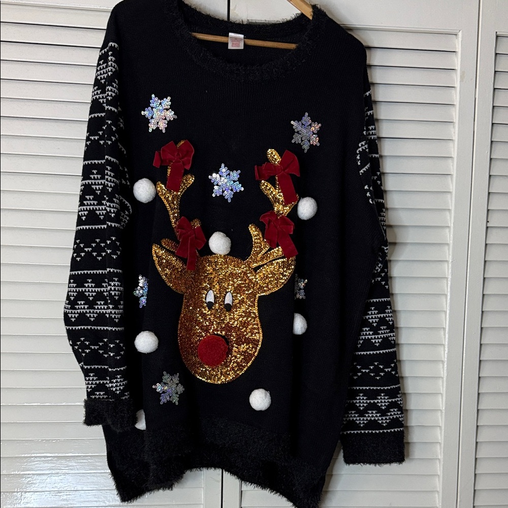 Holiday Time Black and Gold Reindeer Sweater